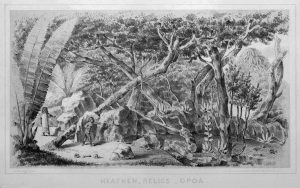 133 - Rdv Taputapuatea - Film du pasteur Vernier - Edward_T._Perkins,_Heathen_Relics,_Opoa,_1854 - Photo libre de droits